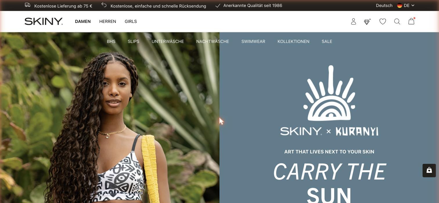 Startseite von skiny.com mit der Kampagne SKINY × KURANYI